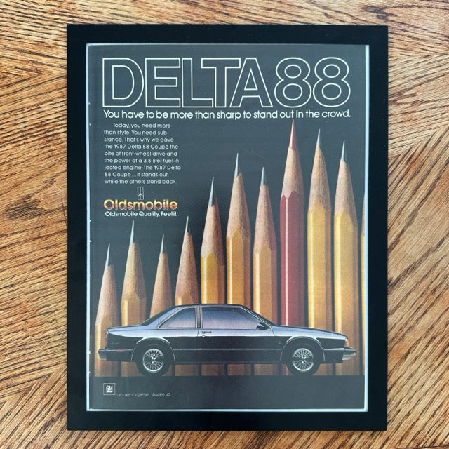 Oldsmobile Delta 88 1987 Coupe Stand Out In The Crowd Pencils Framed Vintage Magazine Ad - detail view