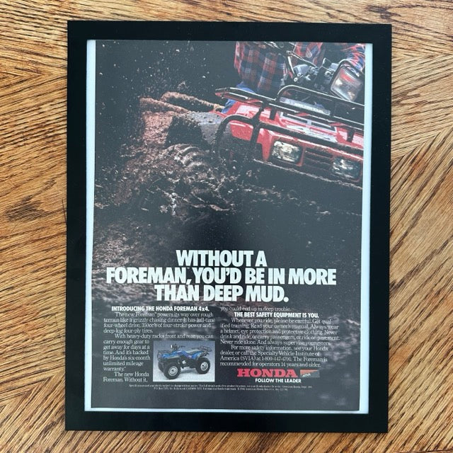 Honda Foreman 4x4 ATV Without A Foreman Deep Mud 1986 Framed Vintage Magazine Ad - detail view